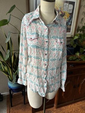 Wrangler Retro Womens Med Southwestern Pearl Snap Western Shirt Aztec Cowgirl